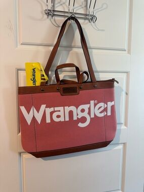 Wrangler Pink Canvas Tote with Brown Trim and White Logo - NWT